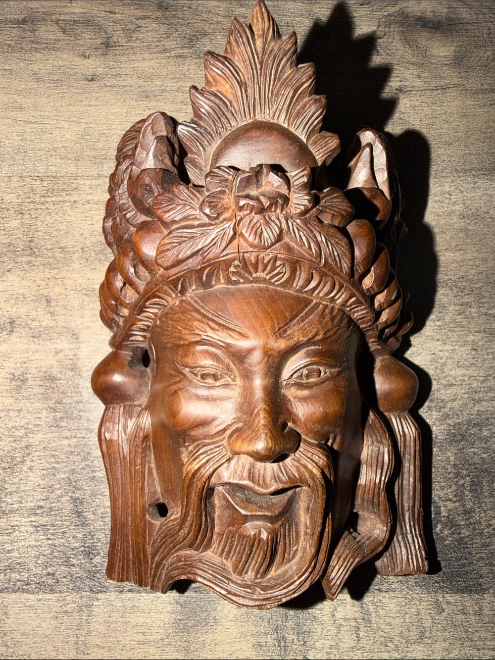 Vintage Hand-Carved Wooden Chinese Warrior Mask in Rose Wood